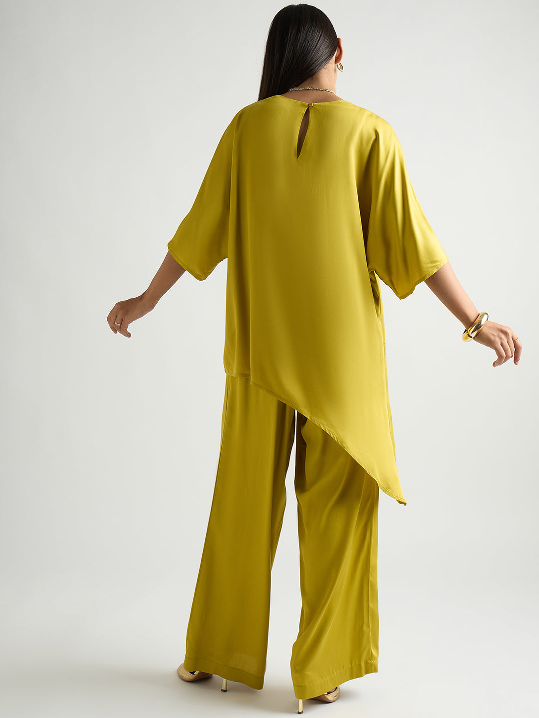 Citrine Green Satin Asymmetric Co-Ord Set