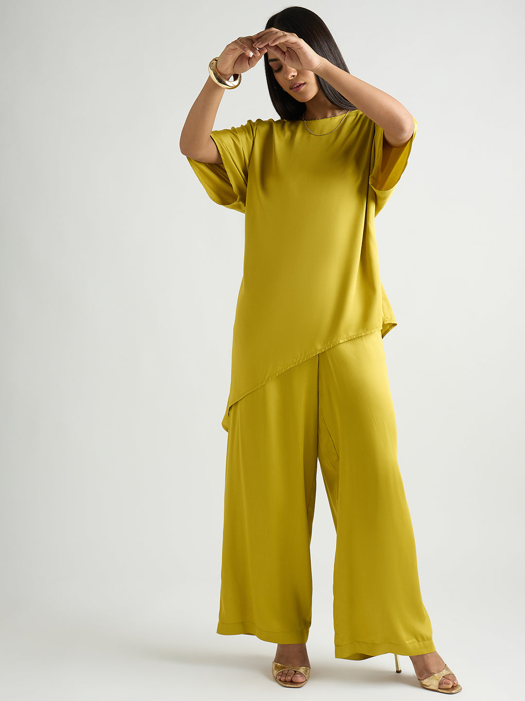 Citrine Green Satin Asymmetric Co-Ord Set