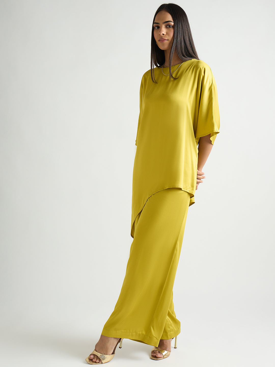 Citrine Green Satin Asymmetric Co-Ord Set