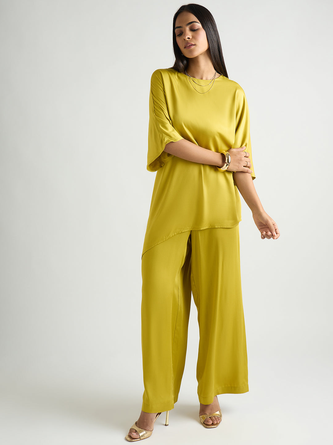 Citrine Green Satin Asymmetric Co-Ord Set