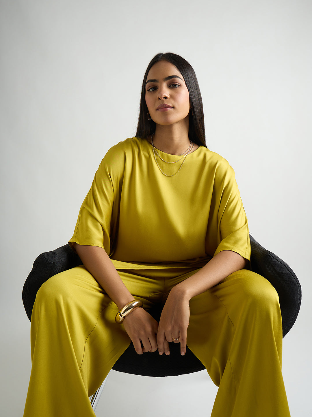 Citrine Green Satin Asymmetric Co-Ord Set