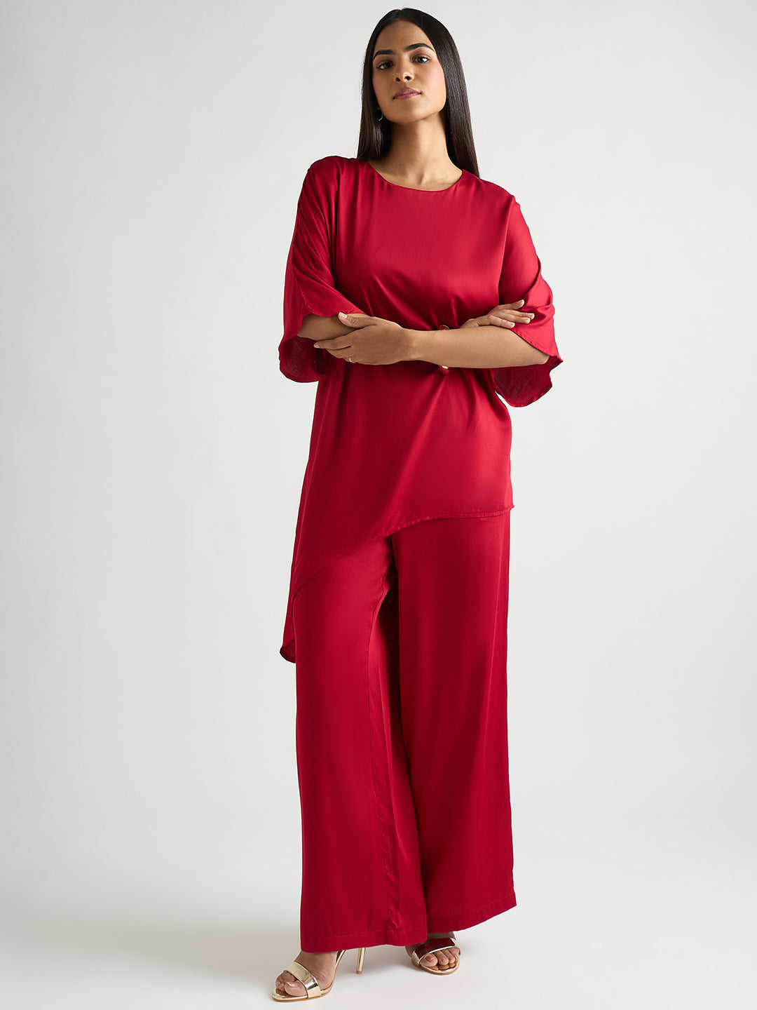 Deep Red Satin Asymmetric Co-Ord Set
