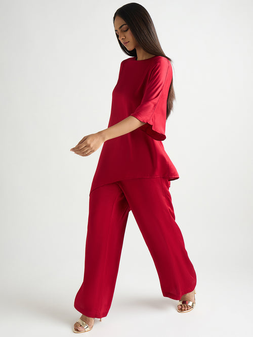 Deep Red Satin Asymmetric Co-Ord Set