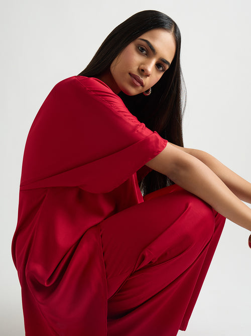 Deep Red Satin Asymmetric Co-Ord Set