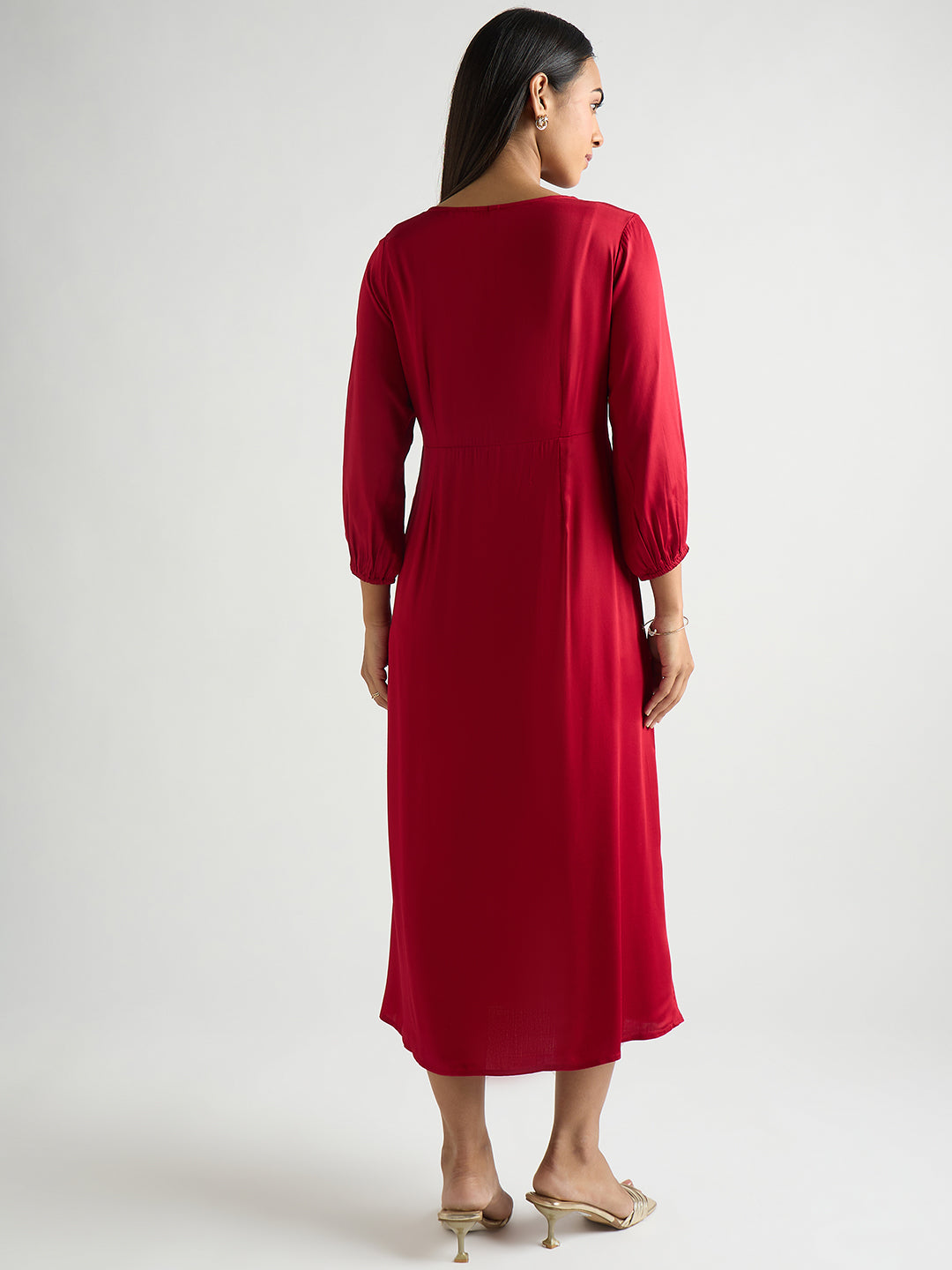 Deep Red Modal Satin Twist Detail Midi Dress