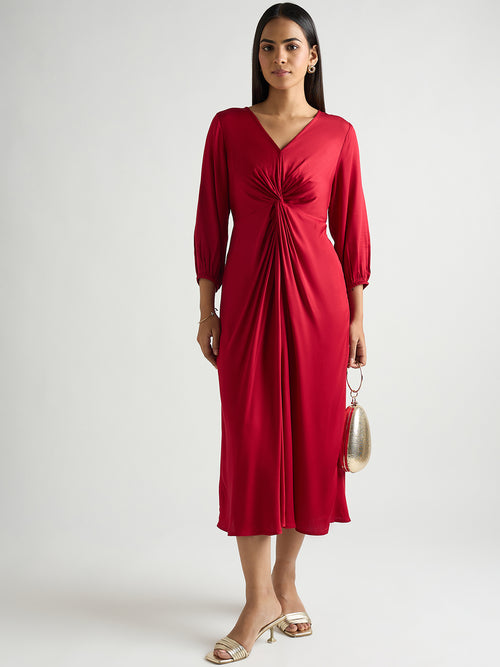 Deep Red Modal Satin Twist Detail Midi Dress