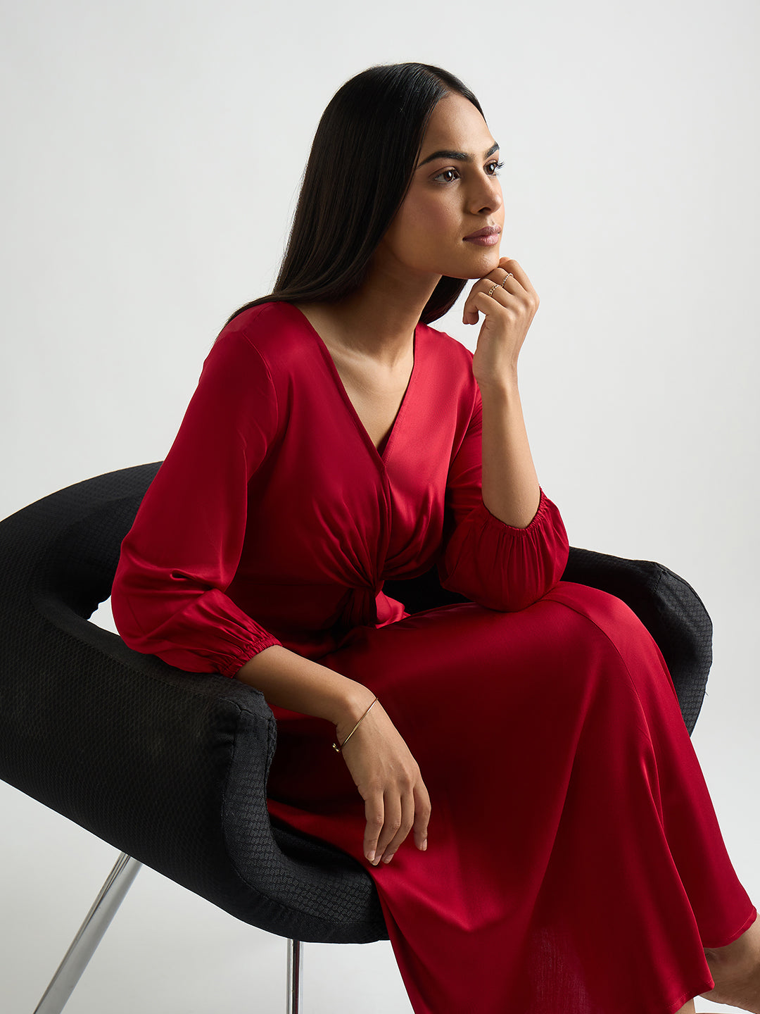 Deep Red Modal Satin Twist Detail Midi Dress