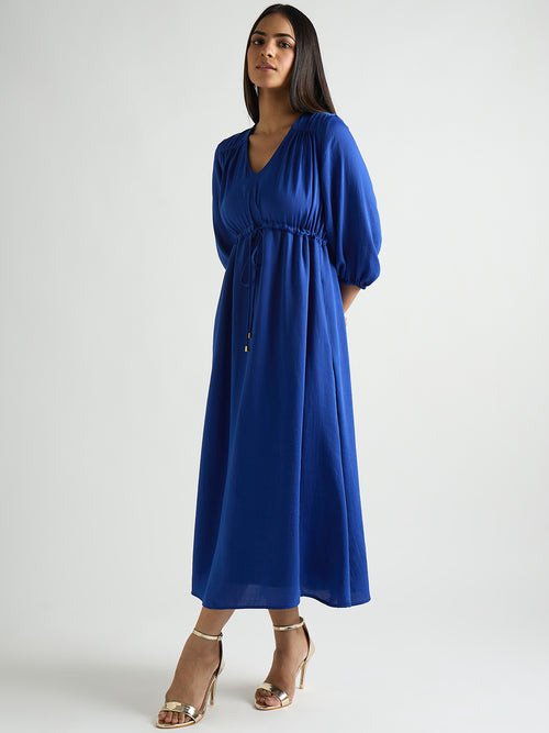 Royal Blue Satin Ruched Waist Midi Dress
