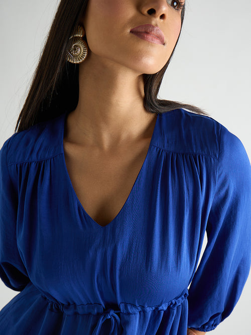 Royal Blue Satin Ruched Waist Midi Dress
