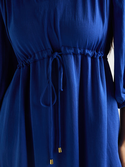 Royal Blue Satin Ruched Waist Midi Dress
