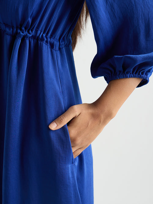 Royal Blue Satin Ruched Waist Midi Dress