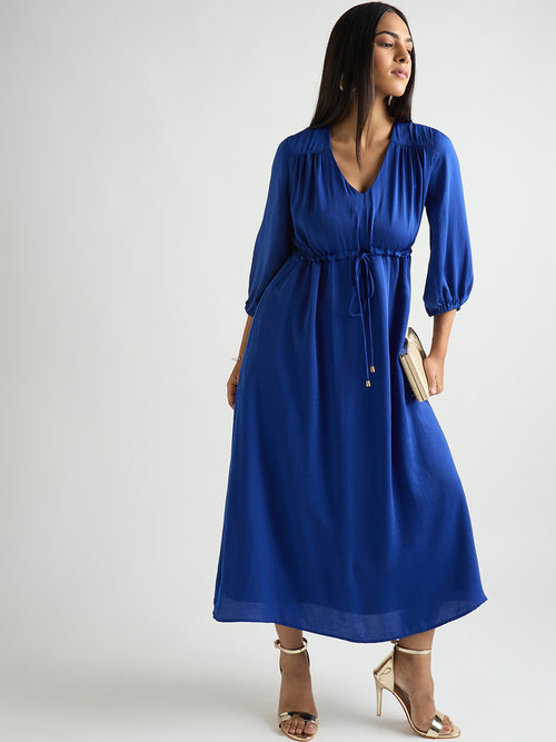 Royal Blue Satin Ruched Waist Midi Dress