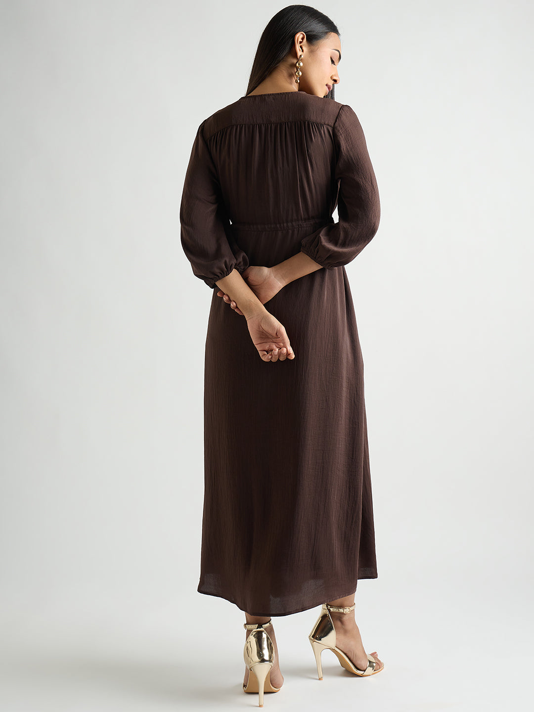 Coffee Brown Satin Ruched Waist Midi Dress