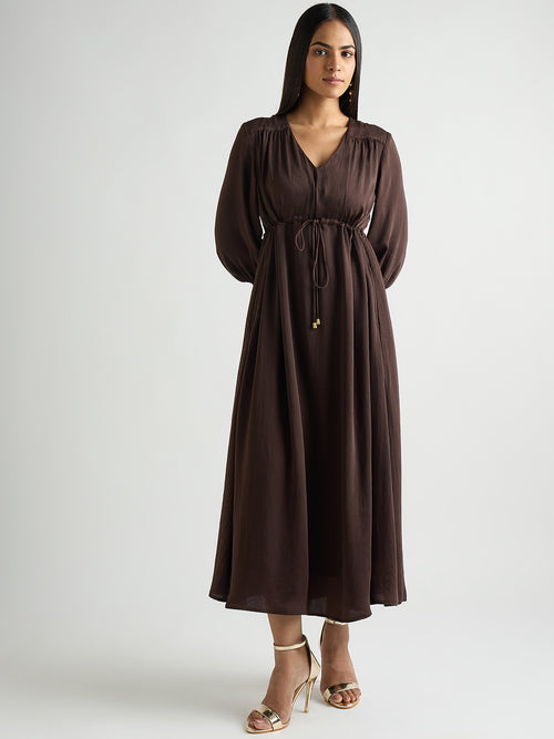 Coffee Brown Satin Ruched Waist Midi Dress
