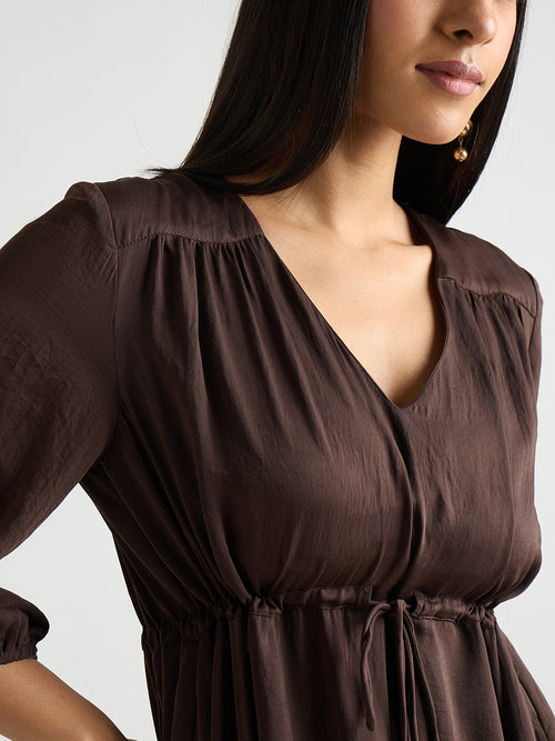 Coffee Brown Satin Ruched Waist Midi Dress
