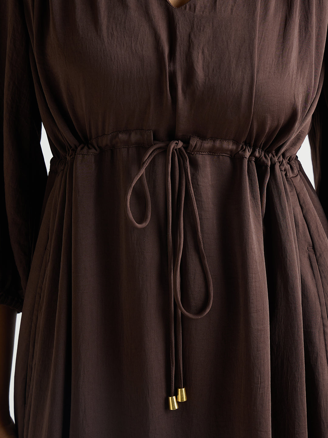 Coffee Brown Satin Ruched Waist Midi Dress