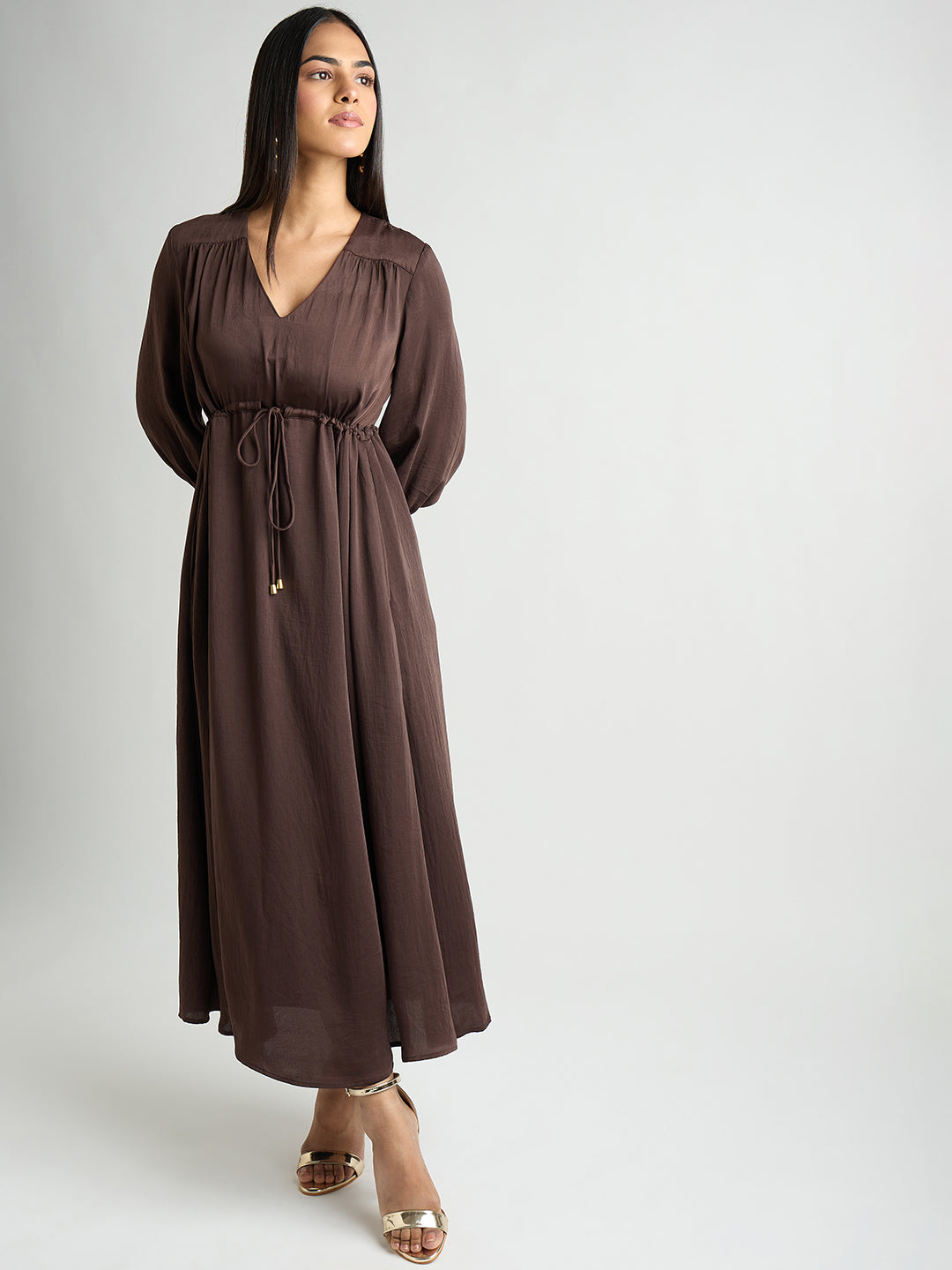 Coffee Brown Satin Ruched Waist Midi Dress