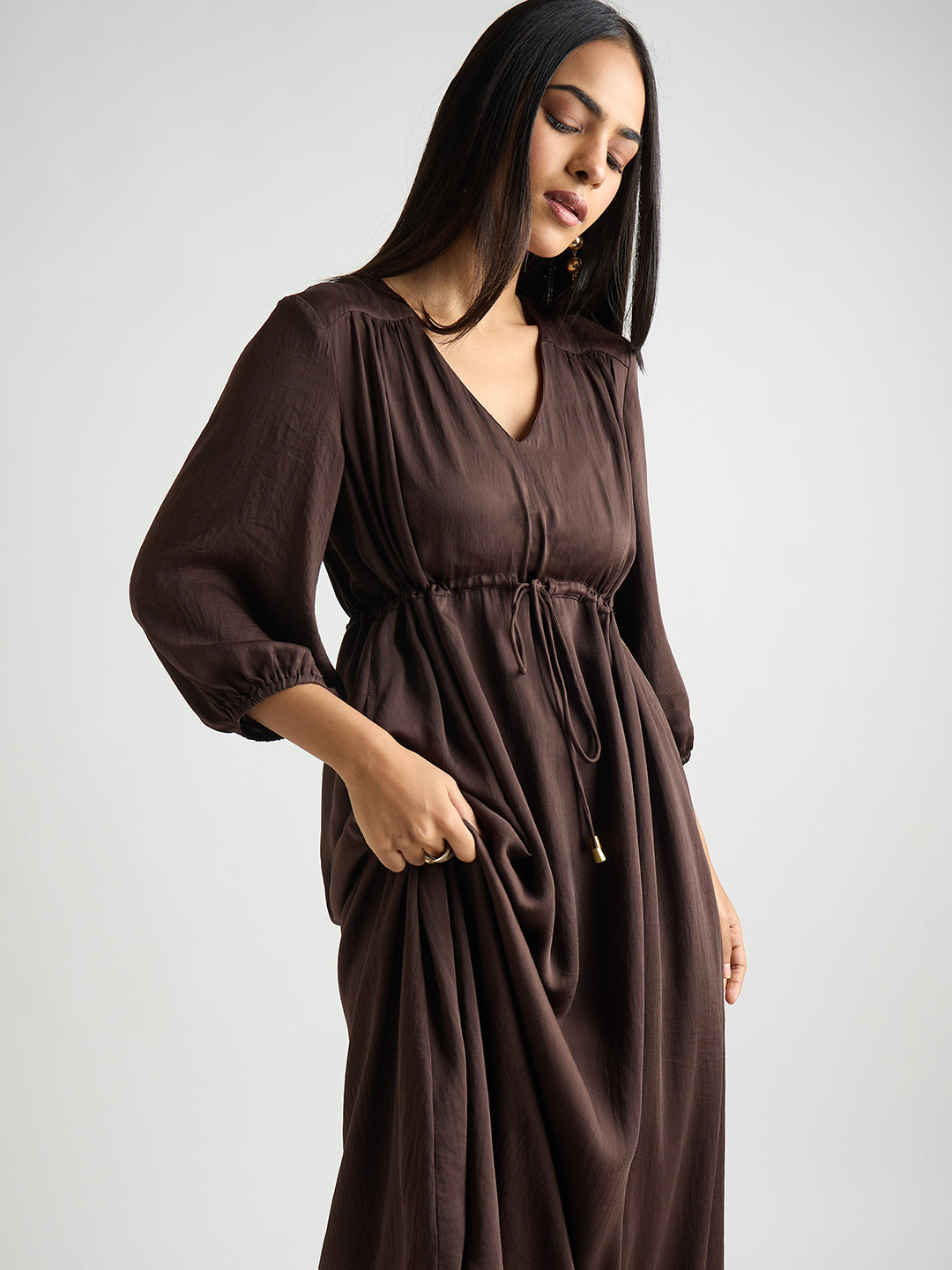 Coffee Brown Satin Ruched Waist Midi Dress