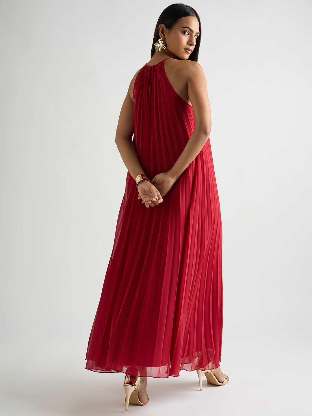 Red Halter Neck Pleated Maxi Dress
