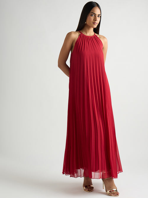 Red Halter Neck Pleated Maxi Dress
