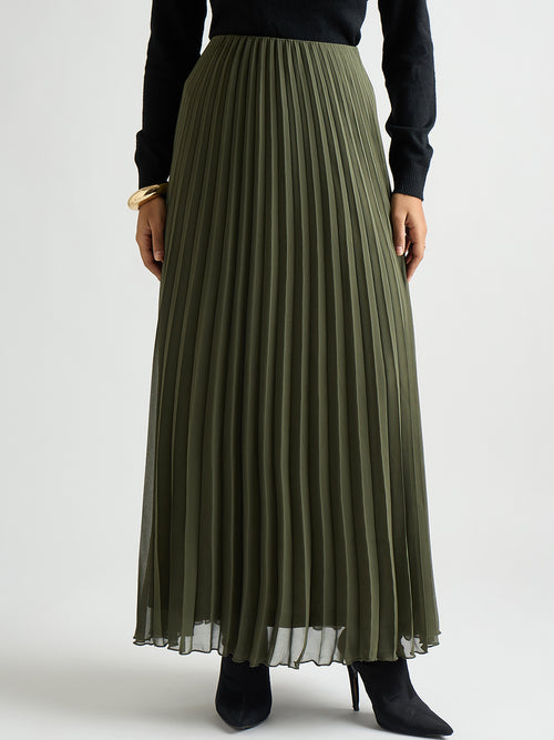 Olive Pleated Maxi Skirt