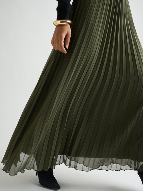 Olive Pleated Maxi Skirt