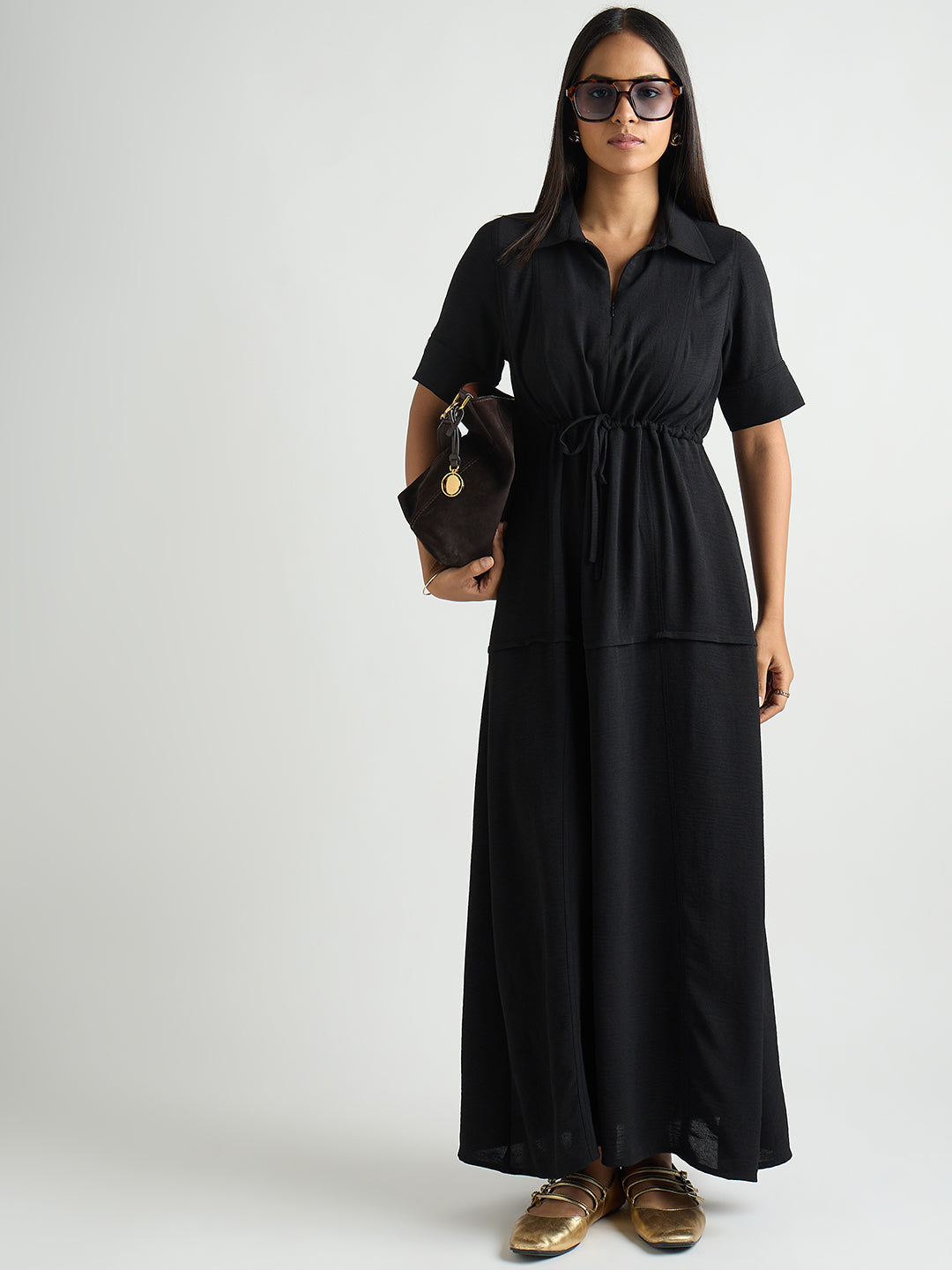 Black Half Zipper Maxi Dress