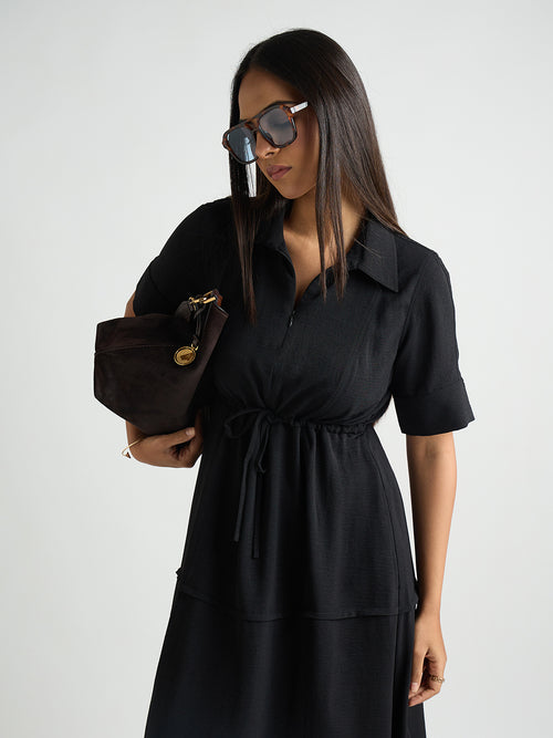 Black Half Zipper Maxi Dress
