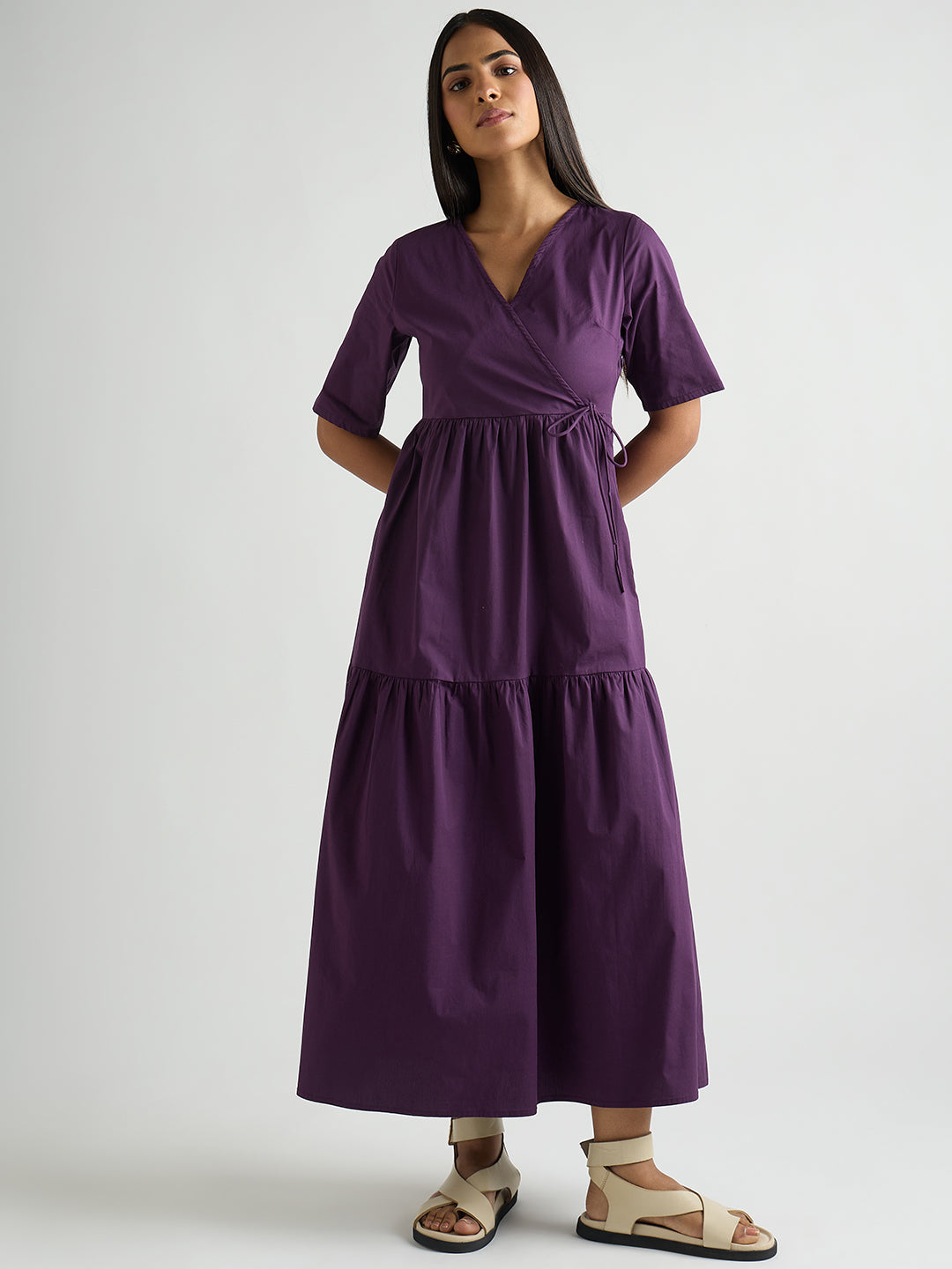 Deep Purple Poplin Tiered Maxi Dress
