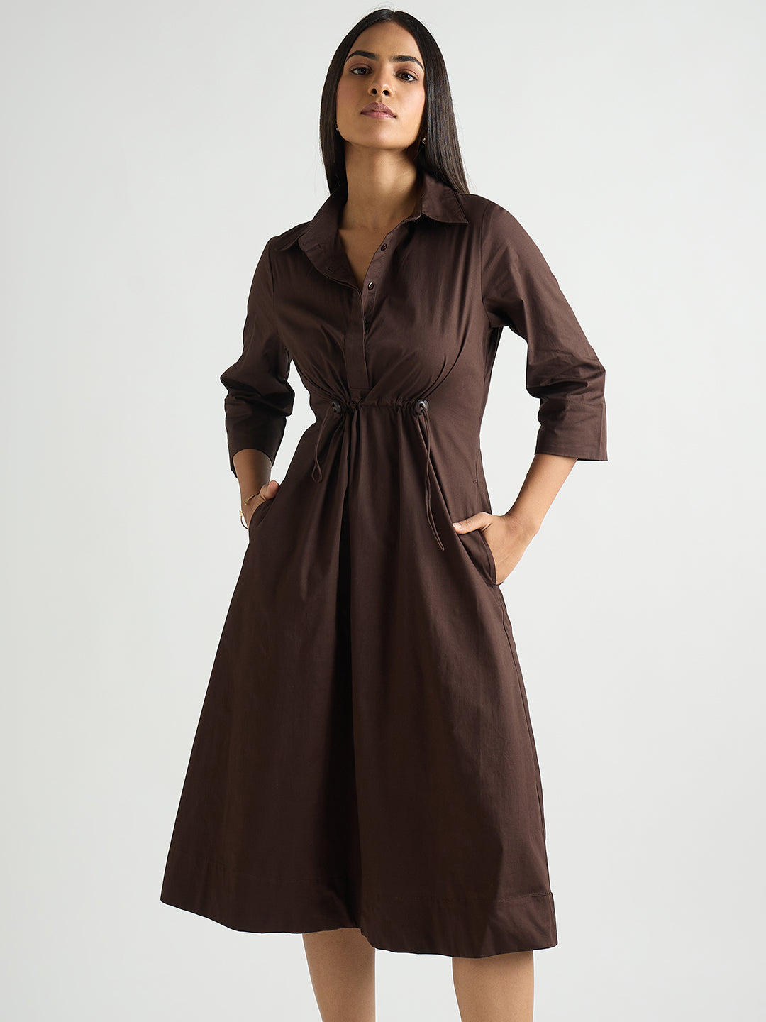 Coffee Brown Poplin Cinched Waist Midi Dress