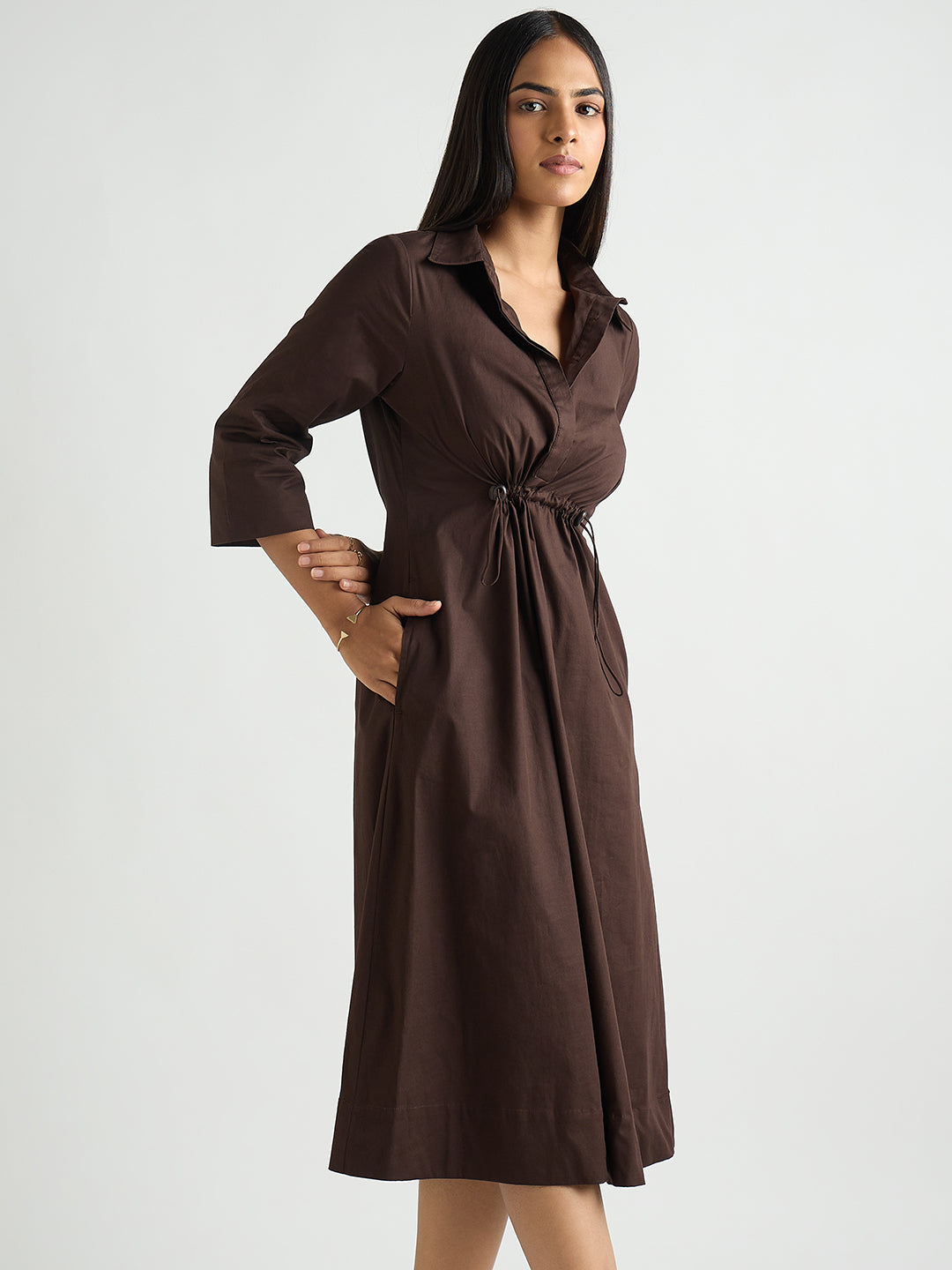 Coffee Brown Poplin Cinched Waist Midi Dress
