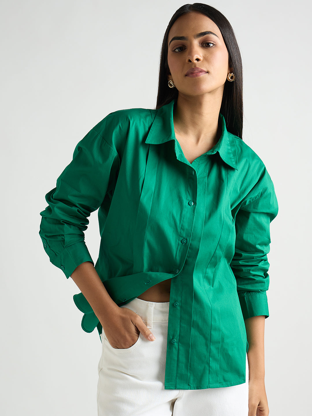 Emerald Green Poplin Pleated Shirt