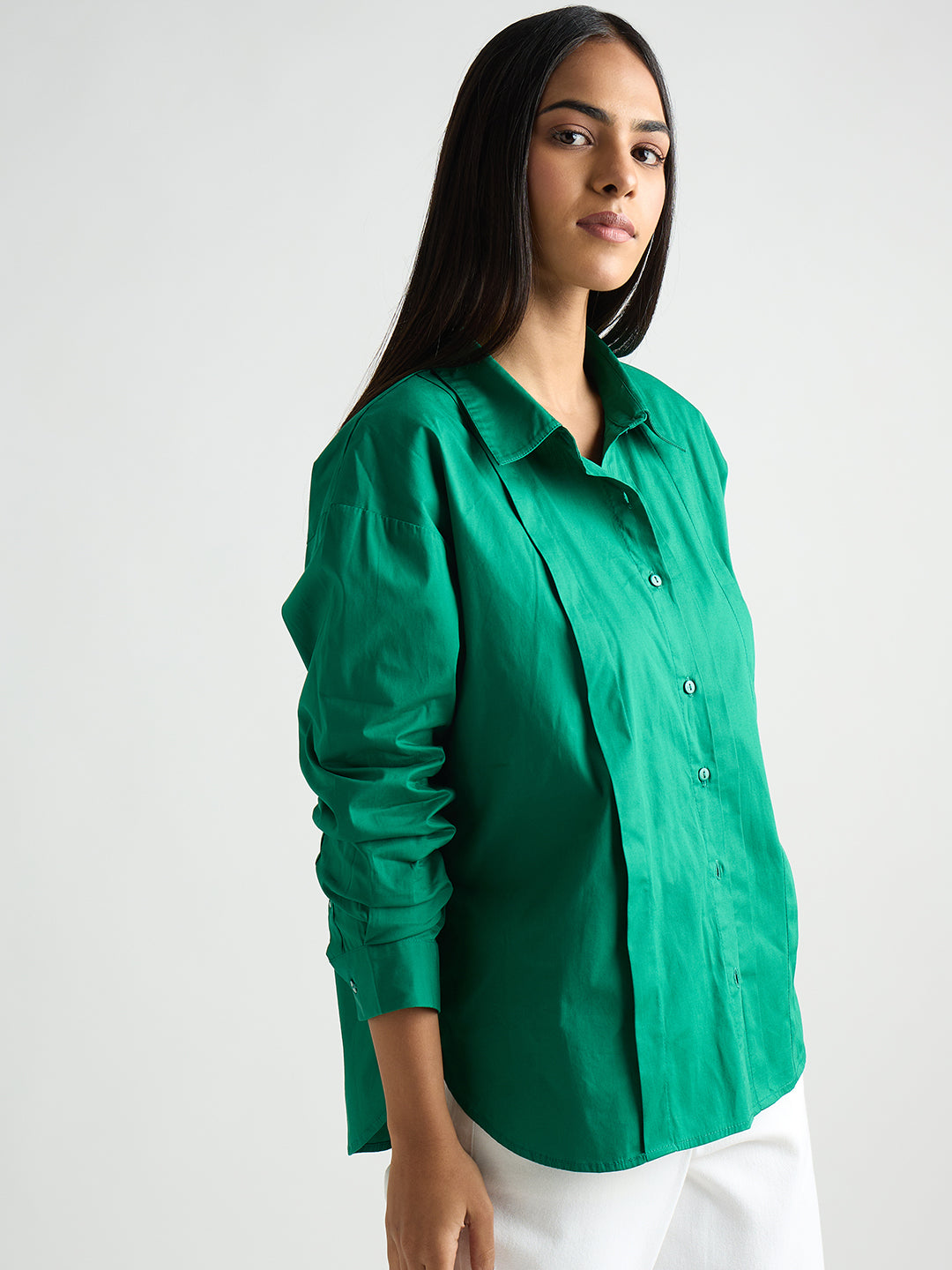 Emerald Green Poplin Pleated Shirt
