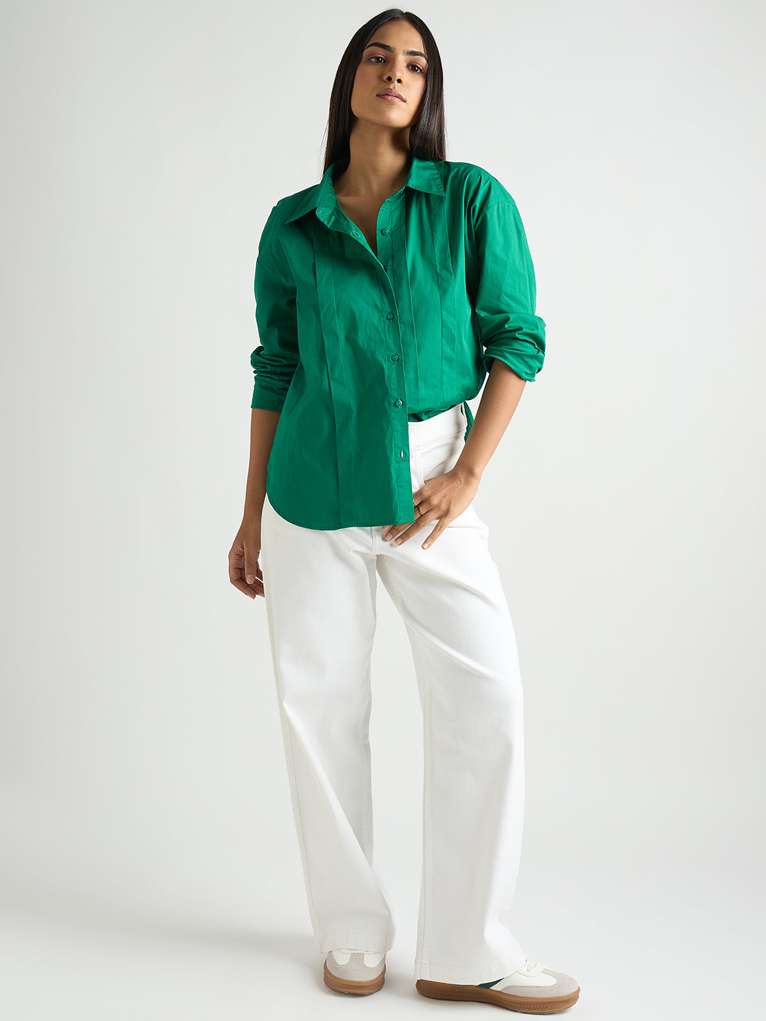 Emerald Green Poplin Pleated Shirt