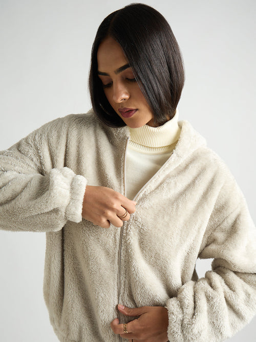 Light Grey Zip-Up Fur Hoodie