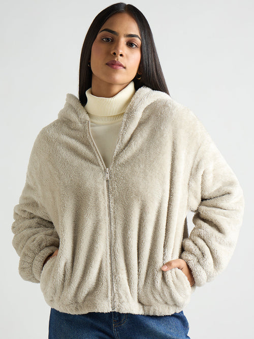 Light Grey Zip-Up Fur Hoodie