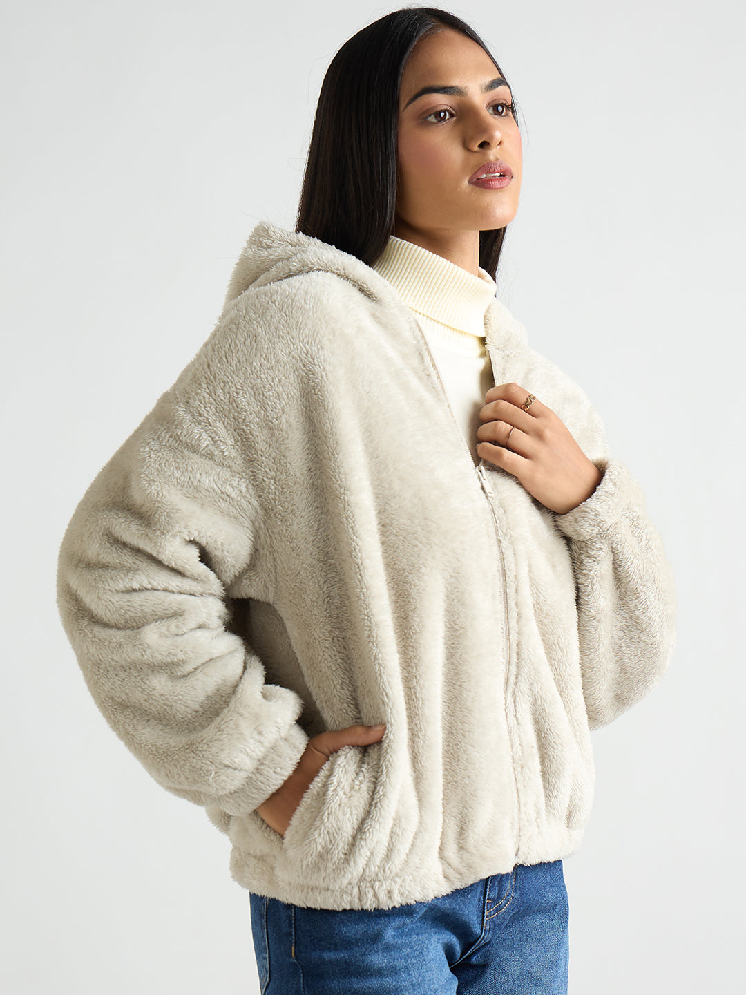 Light Grey Zip-Up Fur Hoodie