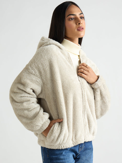 Light Grey Zip-Up Fur Hoodie