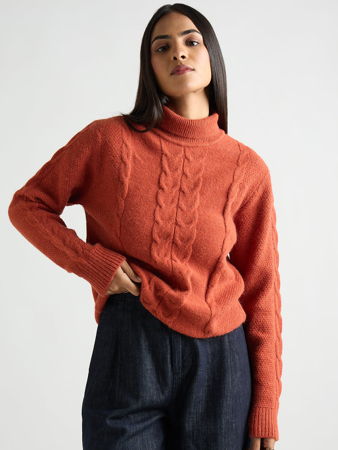 Rust Turtle Neck Cable Knit Sweater