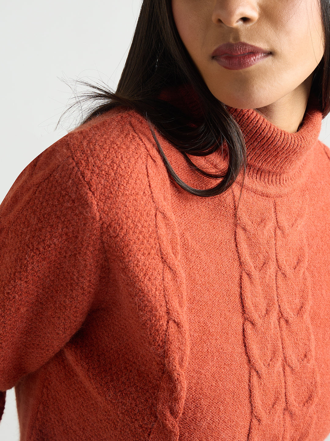 Rust Turtle Neck Cable Knit Sweater