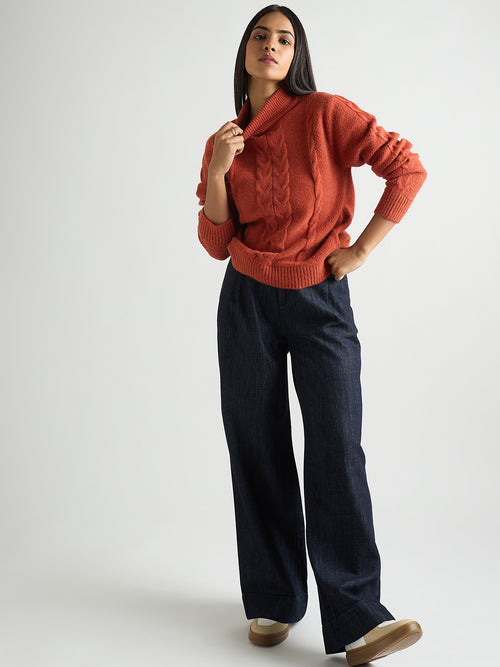 Rust Turtle Neck Cable Knit Sweater