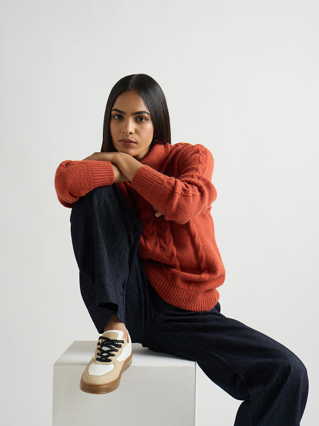 Rust Turtle Neck Cable Knit Sweater