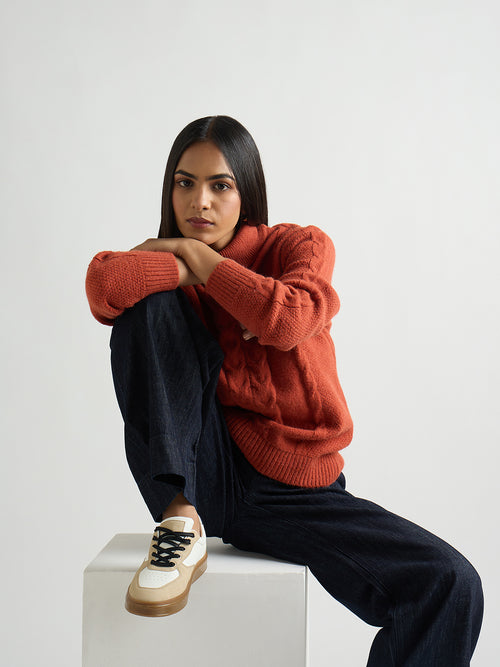 Rust Turtle Neck Cable Knit Sweater