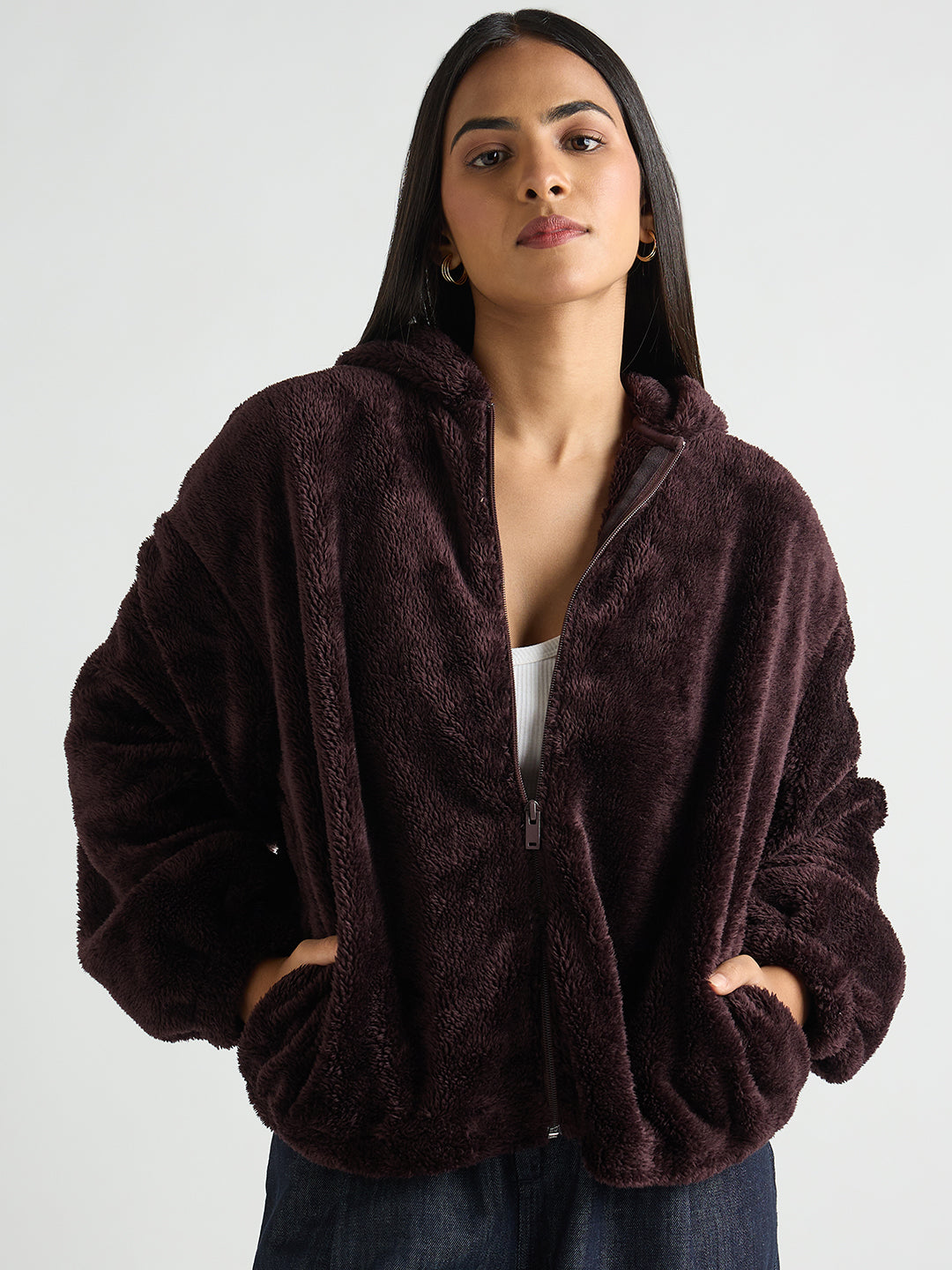 Wine Zip-Up Fur Hoodie