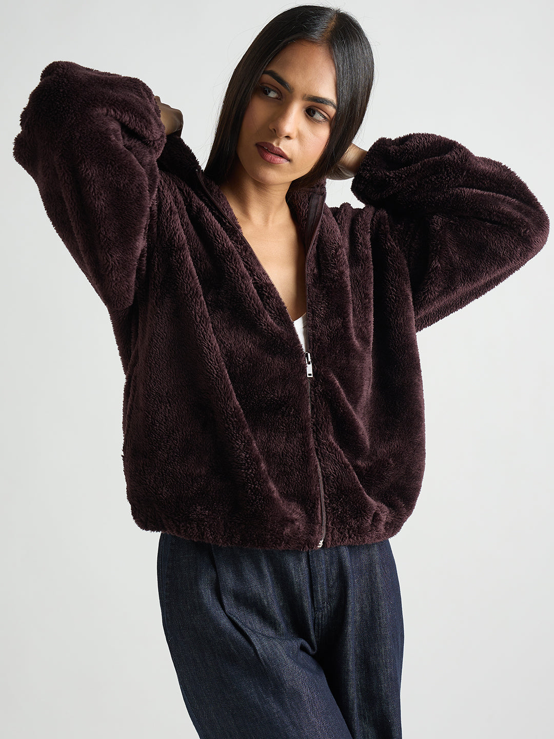 Wine Zip-Up Fur Hoodie