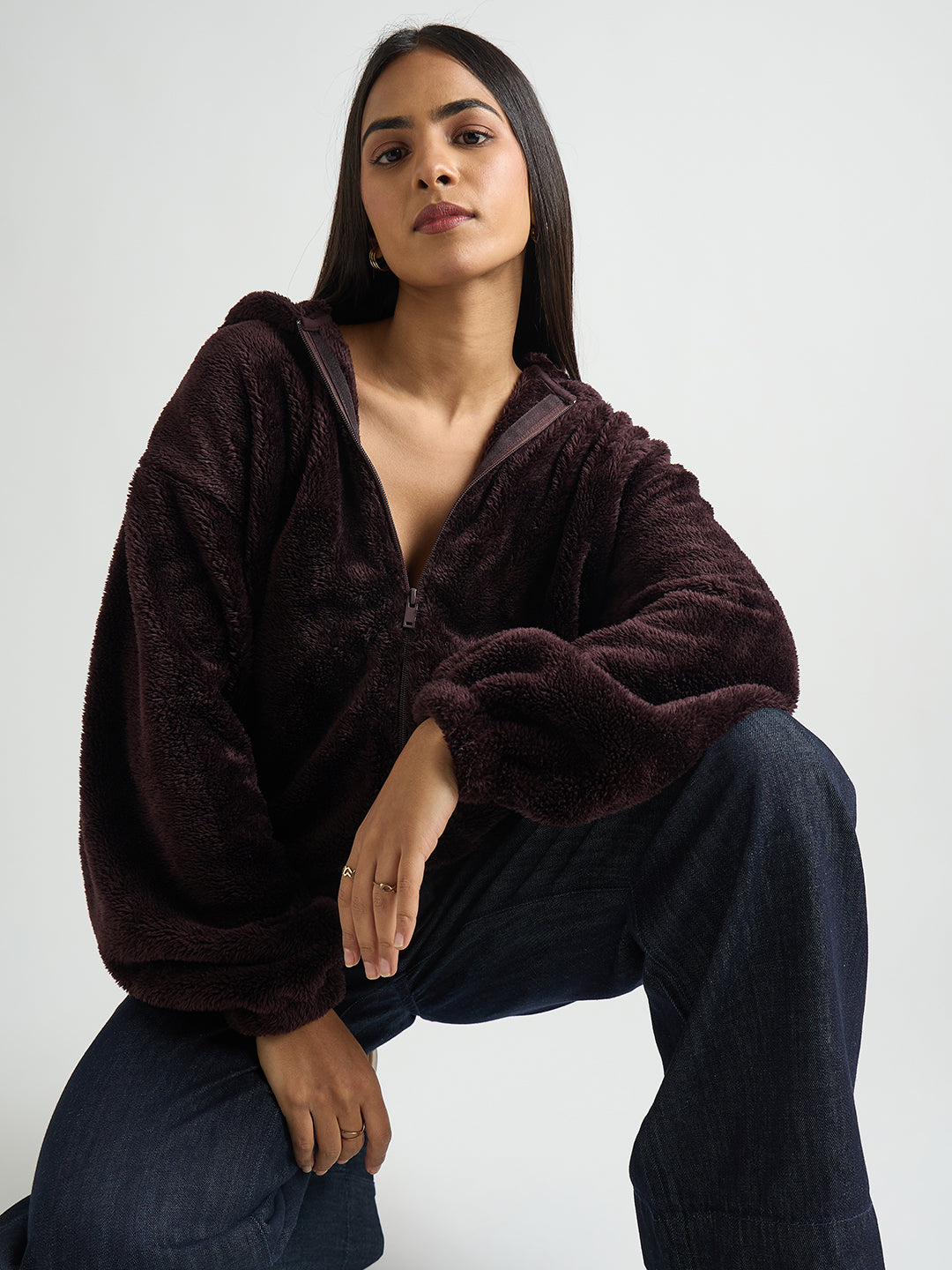 Wine Zip-Up Fur Hoodie