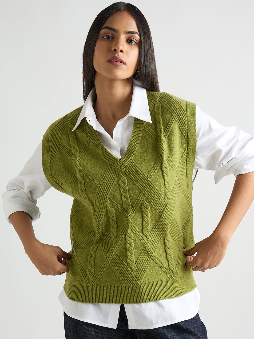 Citrine Green Cable Knit Sweater Vest