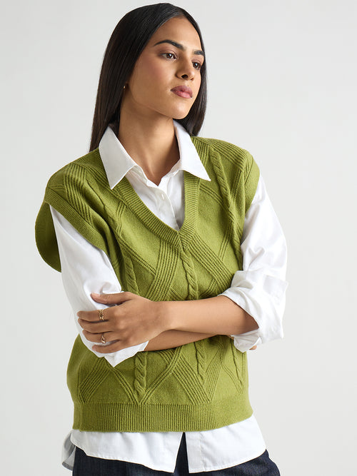 Citrine Green Cable Knit Sweater Vest