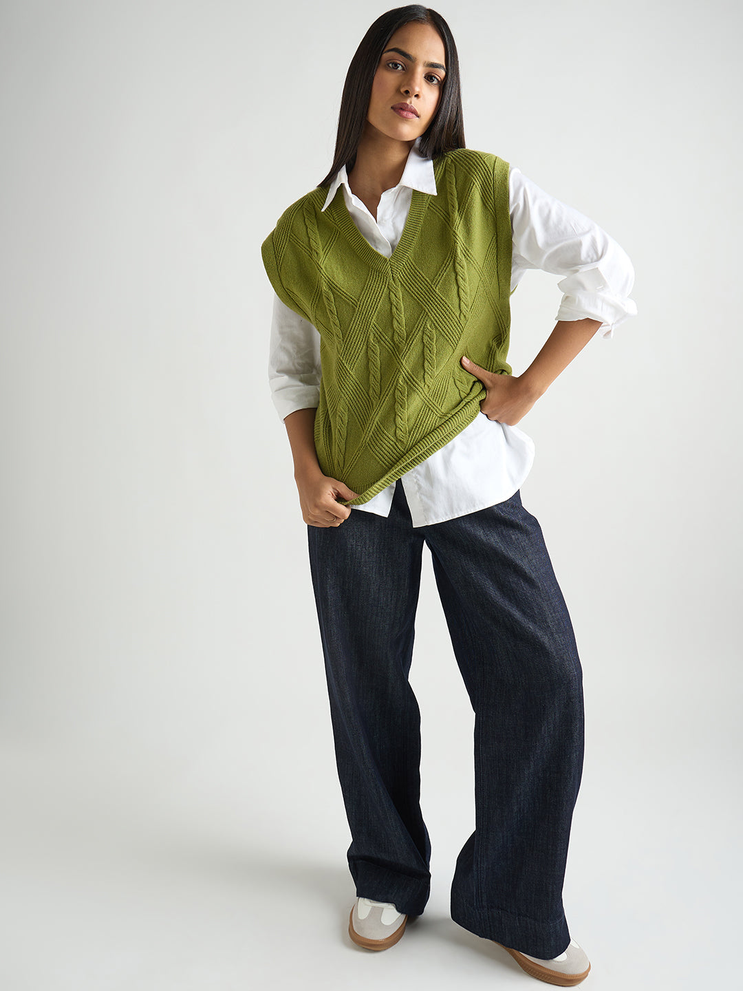 Citrine Green Cable Knit Sweater Vest