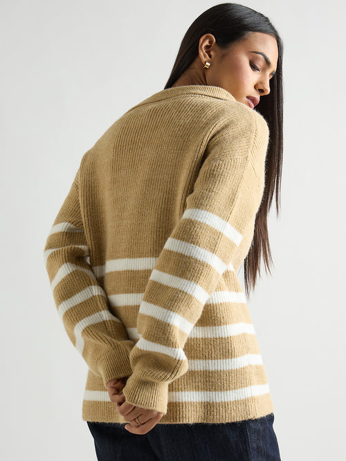Beige & White Striped Half Zipper Sweater